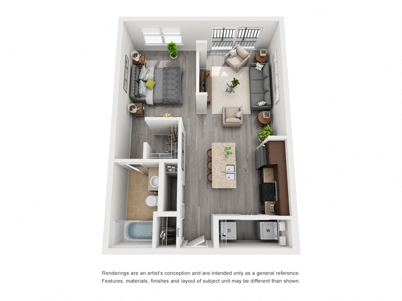 Floor plan for 1 bed, 1 bath, 675 sqft